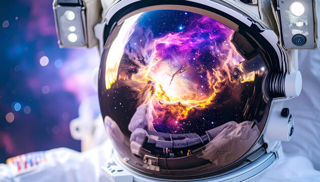 Astronaut Helmet Reflecting Vibrant Nebula in Deep Space - Cosmic Exploration