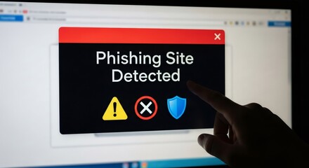 Woman hand clicking on "Phishing Site Detected" warning on computer screen. Cybersecurity alert for financial fraud and online scam protection.