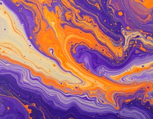 Abstract swirling paint patterns in vibrant orange and purple