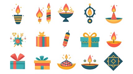 Assorted diwali themed vector icons on white background