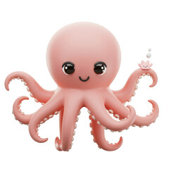 Cartoon Render of Light Pink Octopus with Tiny Companion on Transparent Background