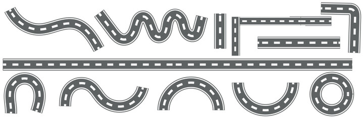 Top view winding road concept. Curve highway lane or wavy race track. Turning street road route. Town or city pavement asphalt path turn. Wiggly roadway drive stripe element. Vector illustration