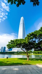 Modern skyscraper with lush greenery