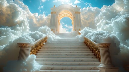 Heavenly stairway to arched gate in clouds.