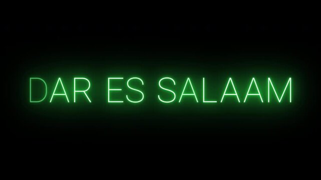 Flickering neon green Dar es Salaam sign animated on black background.
