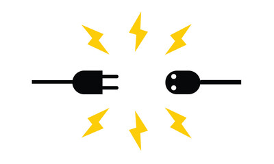 Minimal vector illustration of an electric plug and socket with yellow lightning bolts, symbolizing energy, power connection, electricity, charging, and technology in a simple flat design.