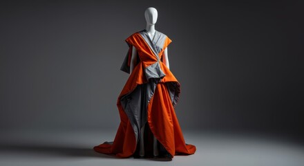 A dramatic, modern gown, featuring a bold color combination of orange and gray, with innovative, sculpted, and draped lines, stands out on a neutral backdrop.