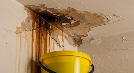 Damaged ceiling with water stain and dripping from a hole into a yellow bucket.