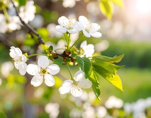 Obraz premium Blossoming white flowers on a tree branch, springtime