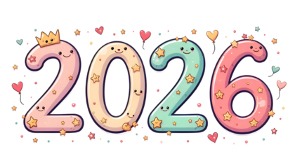 “Colorful balloon-style numbers 2026 with cute smiley faces, hearts, and stars on a black background, giving a festive and cheerful New Year vibe.”
