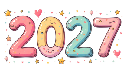 “Cute 2027 design with colorful cartoon faces and playful vibes.”