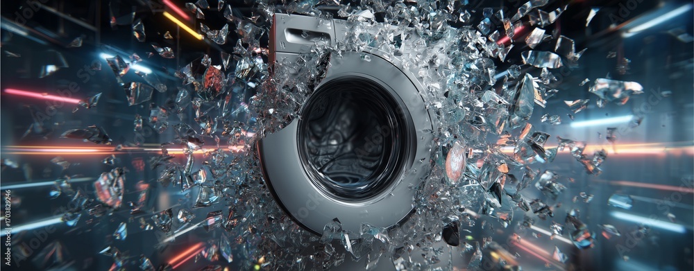 Poster shattered number five: a dynamic visual of the number 5 exploding into fragments, its metallic form 