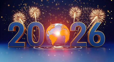 The word “2026” highlighted with glowing spheres and fireworks.