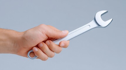 Construct worker factory, A hand holds a metallic wrench against a plain background, symbolizing tools and mechanical work.