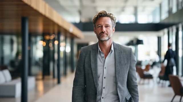 Confident Professional in Modern Office: A seasoned professional, exuding confidence and competence, strides through a modern office setting, embodying the essence of contemporary workplace success. 