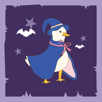 Duck Cartoon Character as Halloween Witch Vector Illustration