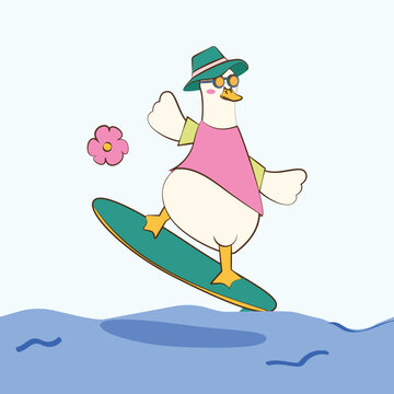 Duck Cartoon Character Surfing Vector Illustration