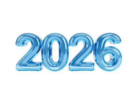 Shimmering blue metallic 2026 figures, isolated against a seamless void, perfect for celebratory