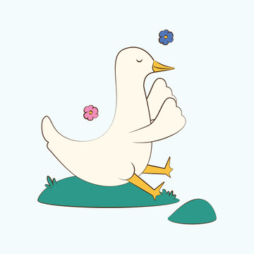 Cute Duck on the Hill Vector Illustration 