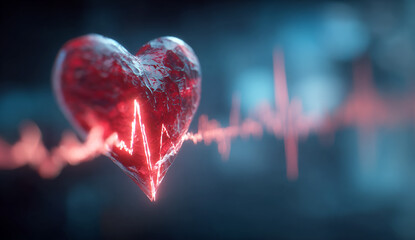 A red heart shape with an ECG line glowing on the left side, set against a blue background. The background is blurred to highlight the vibrant and detailed representation of Heart Blender's feature 