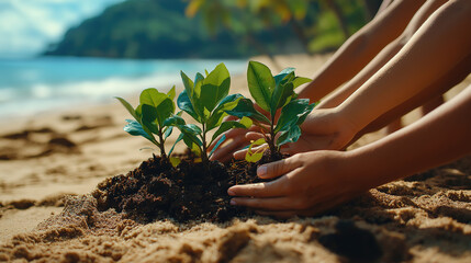 Beach planting hands with seedlings, ocean and mountain background for ecological theme and environmental promotion
