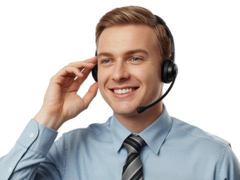 Cheerful telecommunications operator with headset, ready for customer interaction and support on