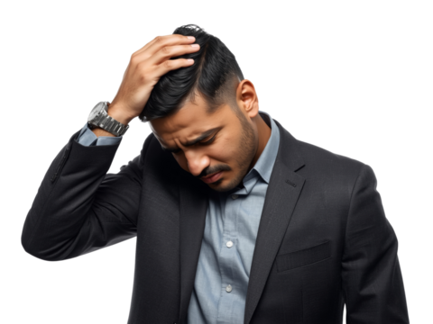 Frustrated businessman in isolated transparent setting exhibiting corporate stress and challenges