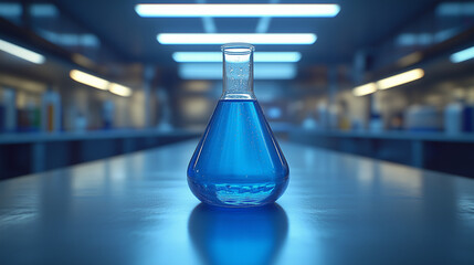 A clear glass flask with a vibrant blue solution sits on a clean, reflective laboratory bench, representing modern science and ongoing research.