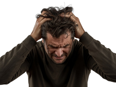 Man feeling intense frustration and pulling at his hair against an isolated transparent scene