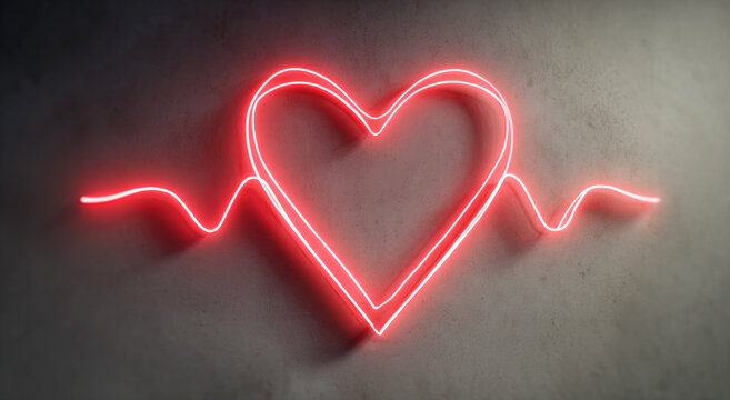 A red heart-shaped line with a pulsing effect or a wave-like motion on a light grey background. Neon sign glowing effect, - Powered by Adobe
