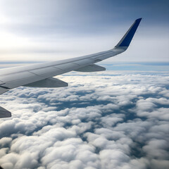 Obraz premium A bright and clear view from an airplane window showcasing the wing soaring above a thick blanket of puffy, white clouds on a sunny day