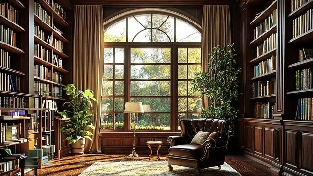 Cozy library with wooden shelves, large windows, and a comfortable chair surrounded by greenery