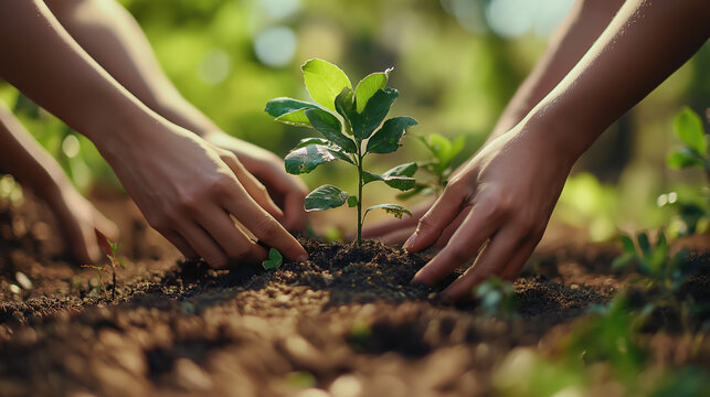 Hands planting young seedling in soil with sunlight, for afforestation and life growth theme design
