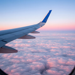 Fototapeta premium An ethereal aerial view of a fluffy cloudscape from an airplane window, with the wing visible and the sky transitioning from blue to soft pink