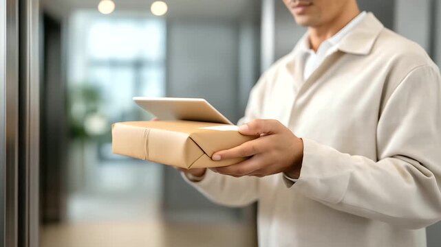 A courier their sneakers scuffed delivers a clothing package to an apartment the hallway&rsquo;s tiles chipped. The package a soft mailer bulges its label creased. The resident