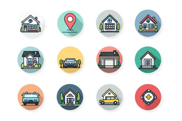 A set of icons for real estate services, featuring houses and cars in a flat design style with a white background.