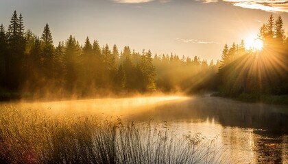 Golden Rays Over Misty Forest Lake