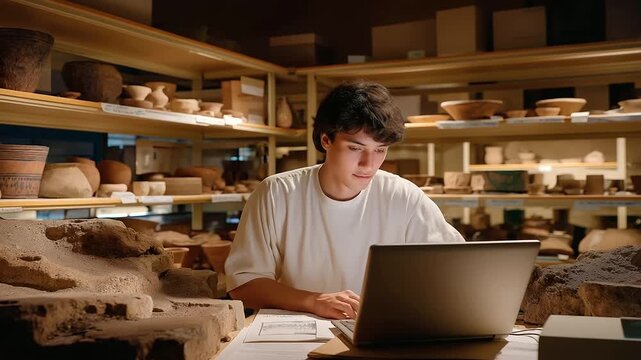 A curator catalogs artifacts in a museum storage room with shelves of pottery a computer logging data labels sticking and a quiet hum of climate control presented in a
