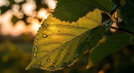 Obraz premium Sunlit Leaf - A Close-Up of Natures Beauty in Golden Light.