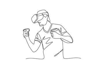 Continues line and simple line of man playing virtual reality game with headset Single line drawing vector graphic design illustration