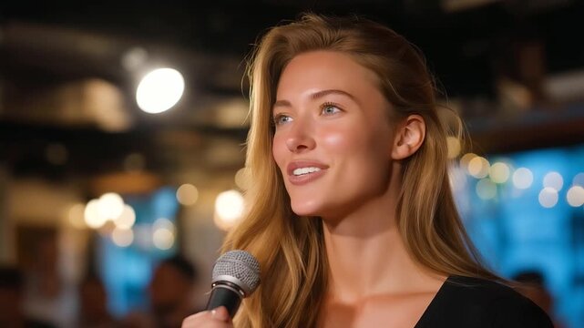 A graduate performs stand up at a comedy club with a mic in hand spotlights shining and audiences laughing shown in a lively photo with facial expressions light beams and come