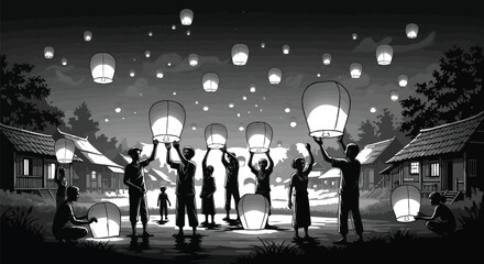 Floating sky lanterns with people releasing them into the night sky