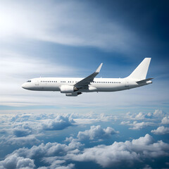 Obraz premium A crisp, side-profile view of a clean white passenger airplane in flight, soaring smoothly above a vast expanse of clouds against a bright blue sky