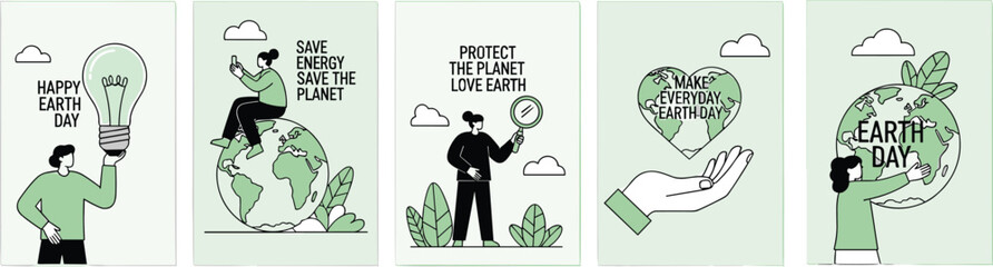 Earth Day illustration set, environmental awareness, save energy, protect planet, eco-friendly message, vector design, flat style, colorful concept