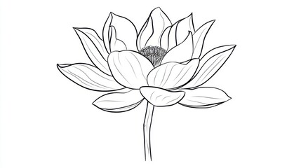 The drawing highlights a lotus flower with elongated, delicate petals that spread outward from a central point. The flower stands upright on a slender stem, embodying natural beauty and tranquility.
