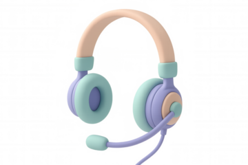 Pastel-colored wireless headset with microphone, floating against transparent backdrop, representing modern communication, music, and gaming technology