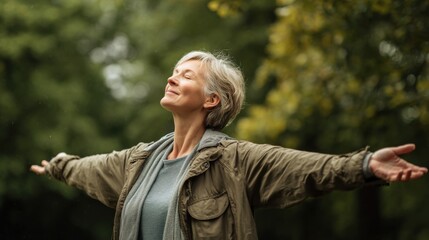 A woman stands in a lush green park with her arms wide open, embracing the tranquility of nature. She appears relaxed and joyful, enjoying the gentle breeze and warm sunlight.