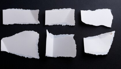 Five Pieces Of Torn White Paper With Rough Edges And Creases Placed On A Black Textured Surface Creating A Contrast And Abstract Composition