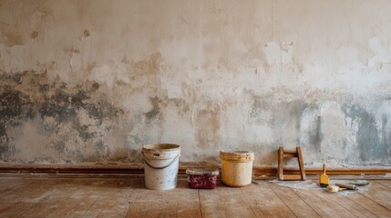 Cracked Plaster Wall Undergoing Renovation with Tools and Buckets
