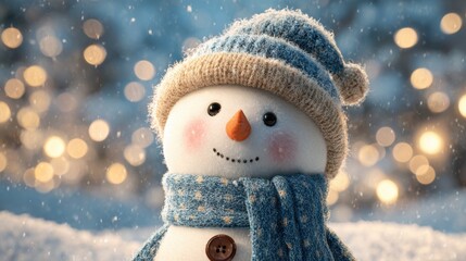 A cheerful snowman wearing a blue knitted hat and scarf stands in a snowy landscape. Soft snowfall adds to the serene atmosphere, with twinkling lights creating a festive glow in the background.